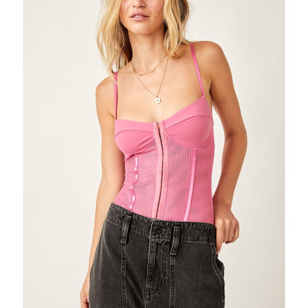 NWT FREE PEOPLE Night Rhythm Corset Bodysuit / Lucky Pink